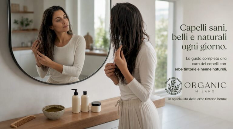 Una donna si sistema delicatamente i capelli davanti allo specchio del bagno.