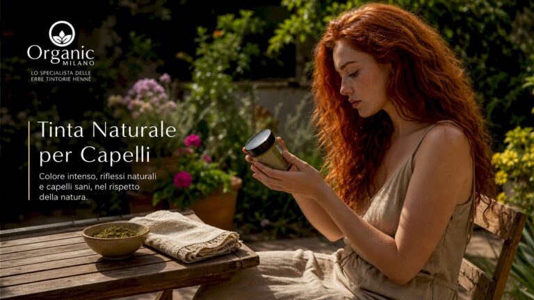 Donna dai capelli rosso intenso che osserva attentamente una tinta naturale