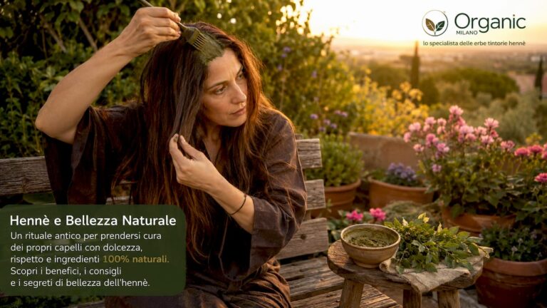 Una donna si sta applicando l’henné sui capelli nella luce intensa del bagno.