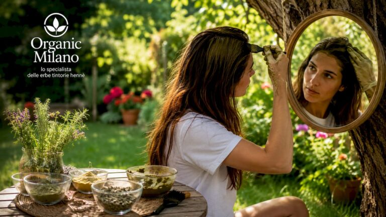 Donna che si prende cura dei suoi capelli applicando una colorazione vegetale comodamente a casa