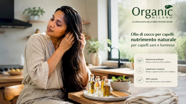 Una donna si prende cura dei suoi capelli applicando l’olio, immersa nell’atmosfera calda e accogliente della sua casa di famiglia.