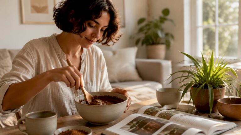 Una donna prepara una miscela di ingredienti naturali a base di cannella per tingere i capelli.