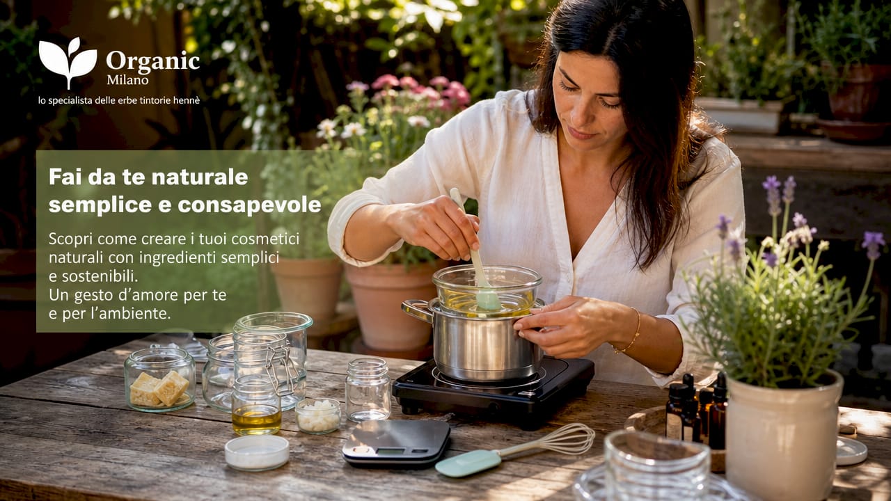 Una donna alle prese con la creazione di cosmetici naturali fatti in casa, direttamente nella sua cucina.