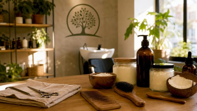 Postazione in salone dedicata alla cura dei capelli afro con prodotti naturali
