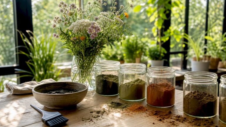 Barattoli di erbe tintorie naturali ideali per valorizzare i capelli scuri