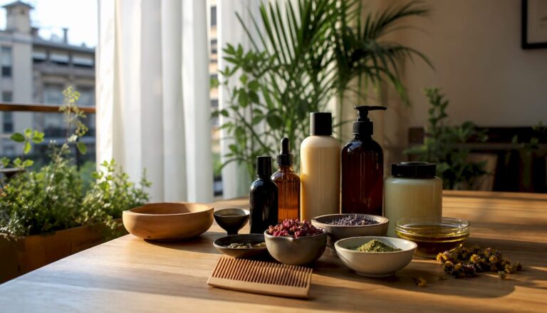 Prodotti naturali per la cura dei capelli disposti sul mobile del bagno
