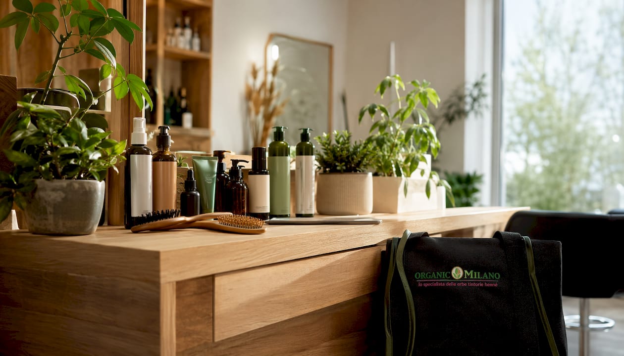 Postazione styling in salone, arricchita da prodotti naturali per capelli e il logo del brand in evidenza.