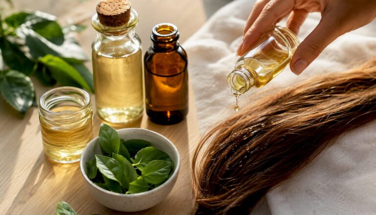 Mani che versano olio vegetale sulle ciocche di capelli