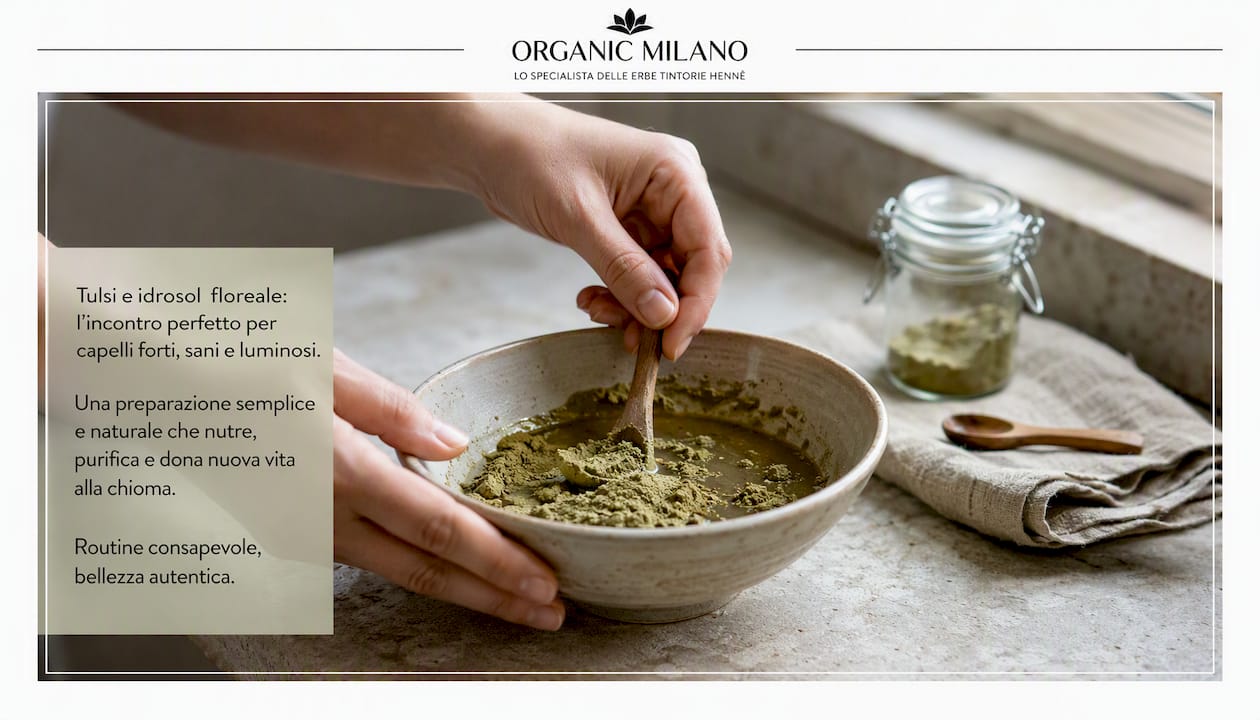 Mani che mescolano una maschera per capelli al tulsi in bagno