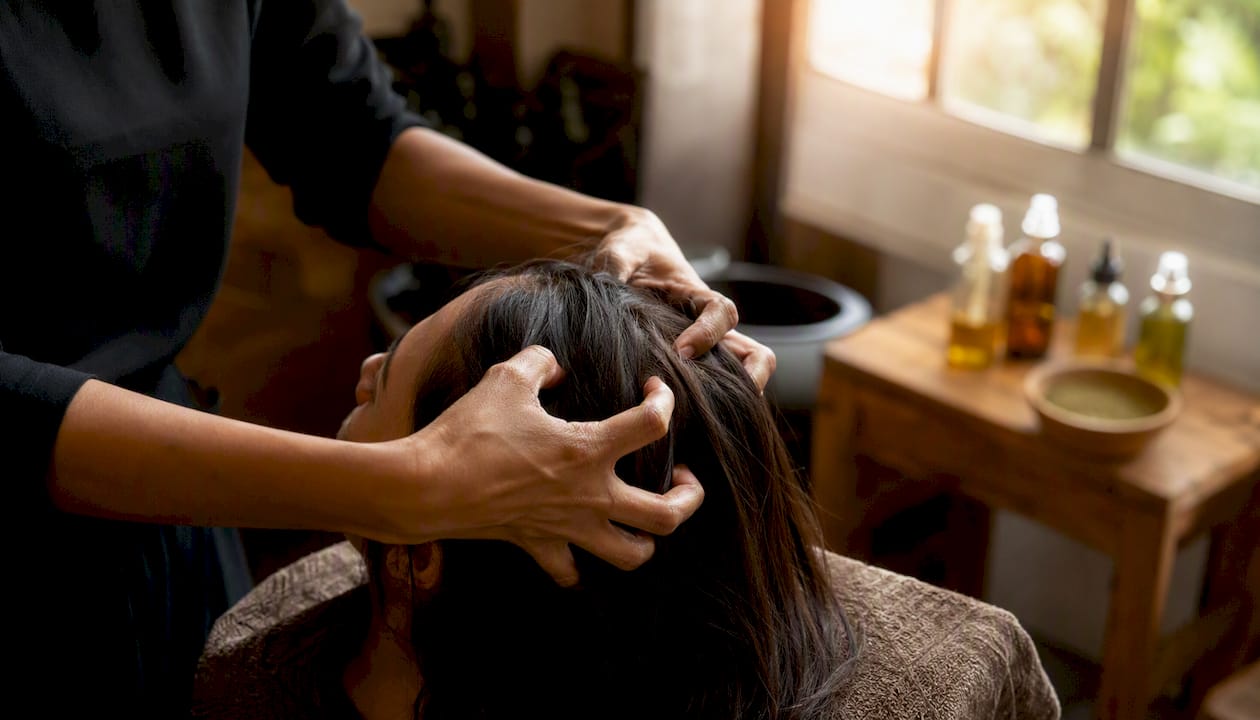 Massaggio alla testa con oli ayurvedici: un rituale rilassante che stimola la circolazione, nutre il cuoio capelluto e dona benessere alla mente.