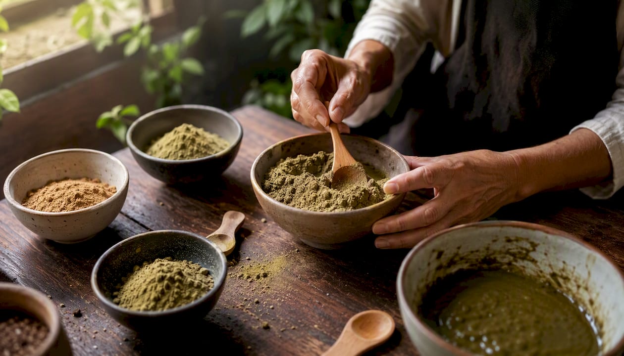 Preparare miscele di polveri ayurvediche per capelli su un tavolo di legno
