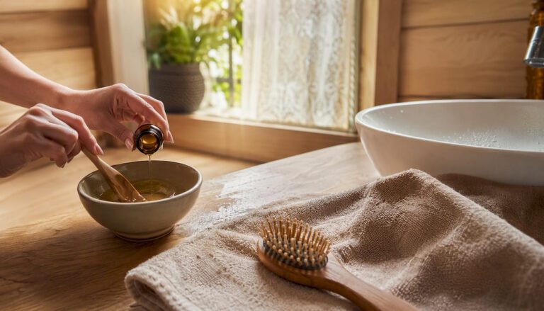 Mani che amalgamano miele e olio di argan per preparare una maschera nutriente per i capelli.