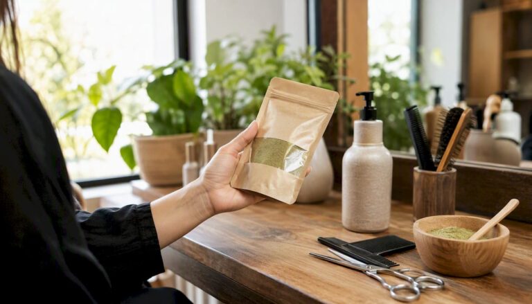 Una mano che mostra un packaging cosmetico sostenibile all’interno di un salone di bellezza.