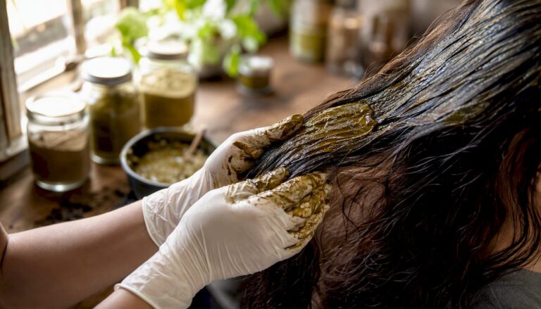 Le mani stendono delicatamente una colorazione naturale sui capelli.
