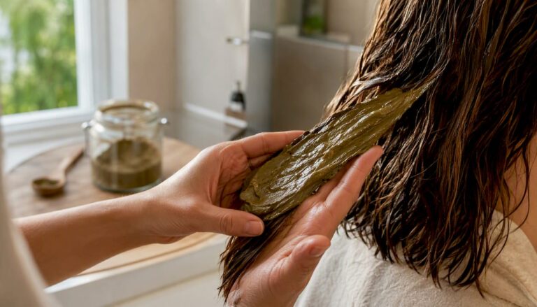 Mani che applicano una maschera per capelli al silicio organico
