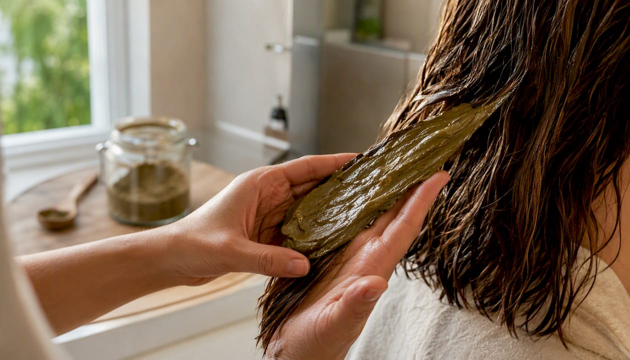 Mani che applicano una maschera per capelli al silicio organico