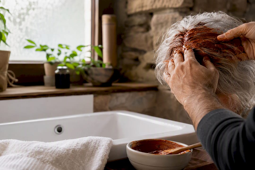 Primo piano di un uomo che applica la pasta di henné sui capelli bianchi