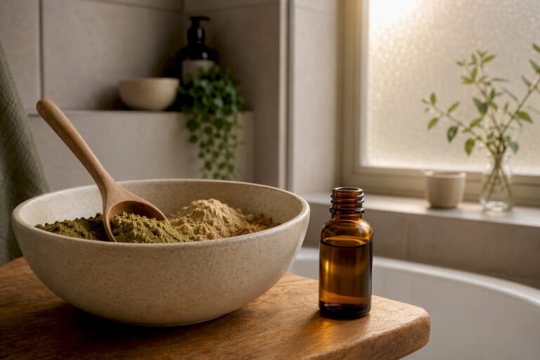 Ciotola di polveri erboristiche per il lavaggio ayurvedico dei capelli