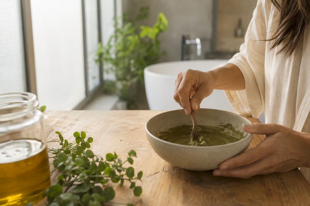 Mani che mescolano la polvere di Brahmi per il trattamento dei capelli