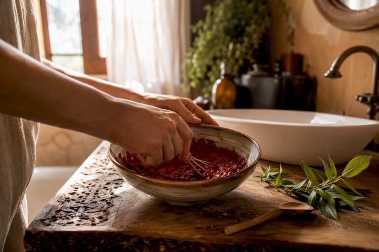 Mani che mescolano pasta di henné in una ciotola di ceramica