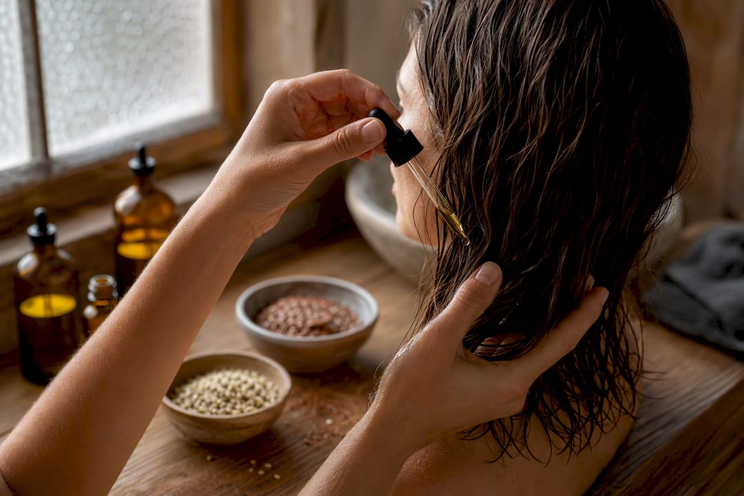 Mani che applicano olio di omega 3 sui capelli