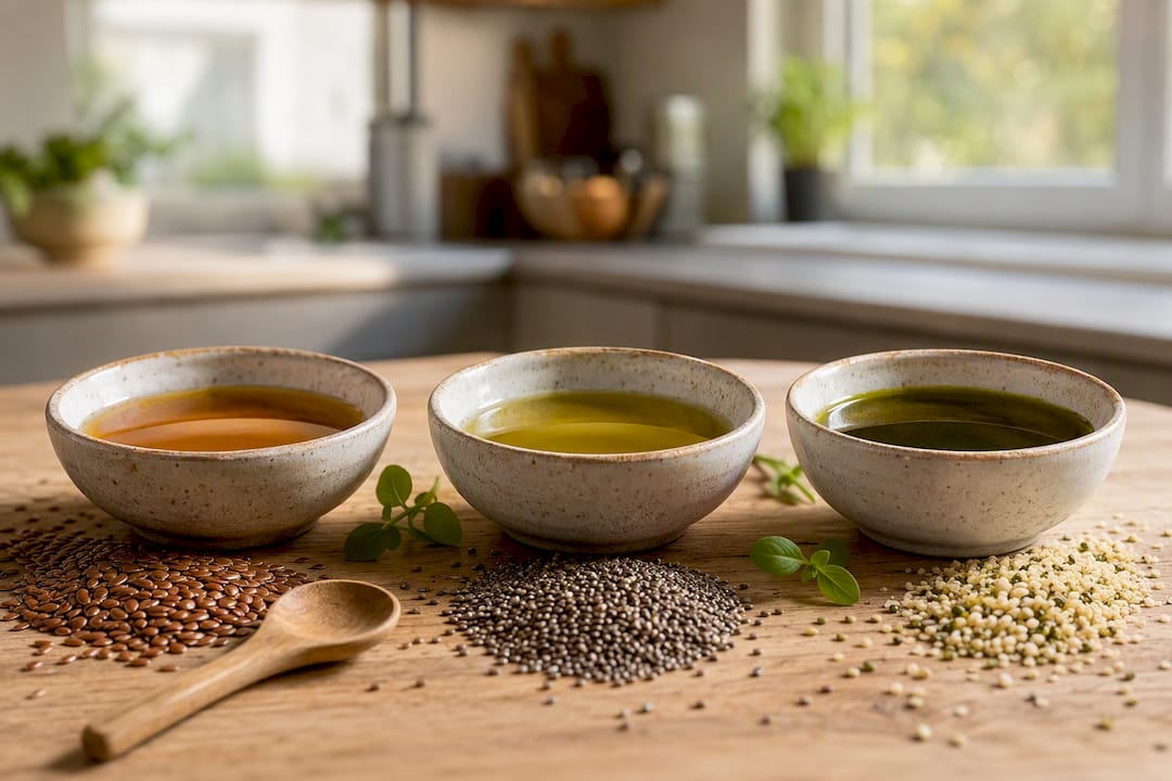 Ciotole di ceramica con oli di lino, chia e semi di canapa