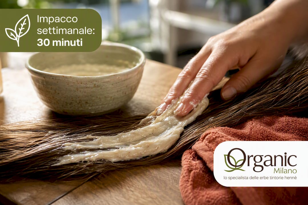 Applicazione di un impacco naturale sui capelli